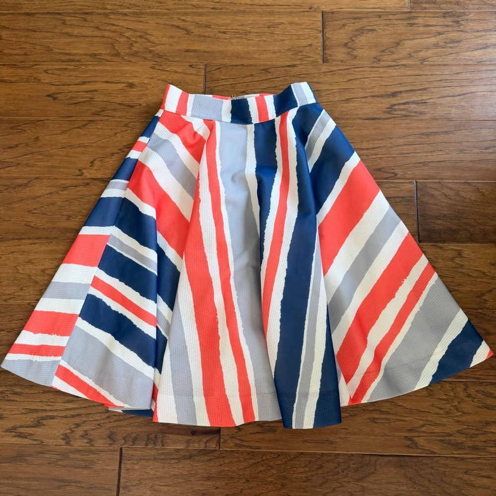 Gracia Blue Red Gray Stripe Skirt Full Bold A-Line Modern Maritime Size Small
